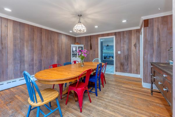 Dining room, Interior, Recessed Lighting, Wood Texture Flooring