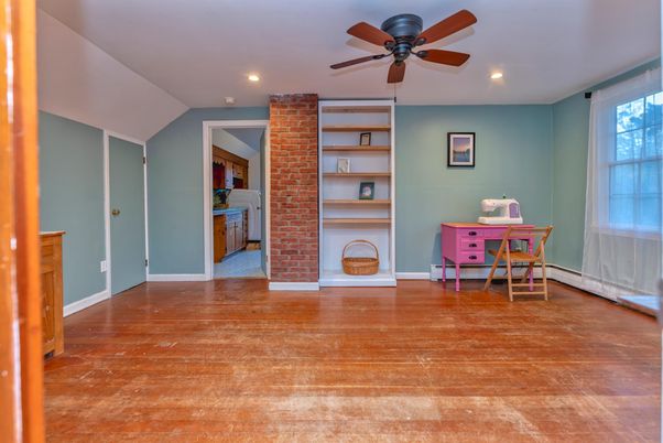 Home Office, Interior, Recessed Lighting, Stone Walls, Wood Texture Flooring