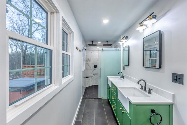 Bathroom, Dual Sink Vanities, Glass Shower, Interior, Marble, Marble Walls, Recessed Lighting