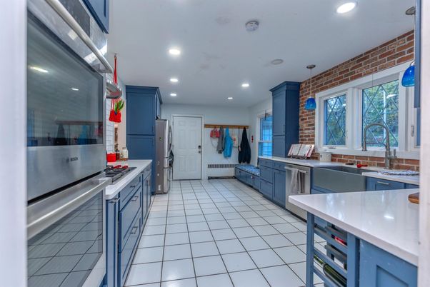 Interior, Kitchen, Recessed Lighting, Stainless Steel Appliances, Stone Walls
