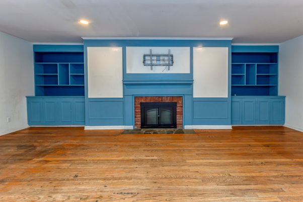 Empty room, Fireplace, Interior, Recessed Lighting, Wood Texture Flooring