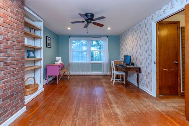 Home Office, Interior, Recessed Lighting, Stone Walls, Wood Texture Flooring