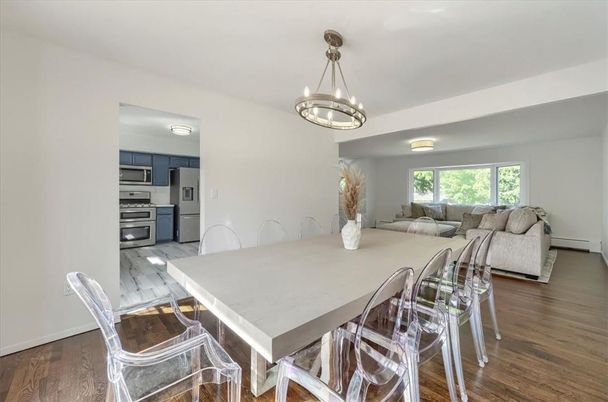 Dining room, Interior, Kitchen, Living room, Pendant Lights, Stainless Steel Appliances, Wood Texture Flooring
