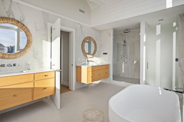 Bathroom, Dual Sink Vanities, Free Standing Baths, Glass Shower, Interior, Marble Walls