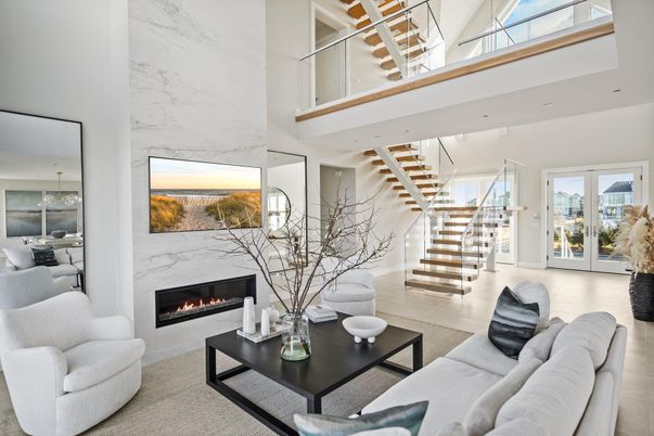 Fireplace, Interior, Living room, Marble Walls, Recessed Lighting