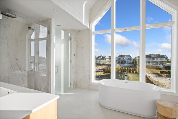 Bathroom, Free Standing Baths, Glass Shower, Interior, Marble Walls, Water