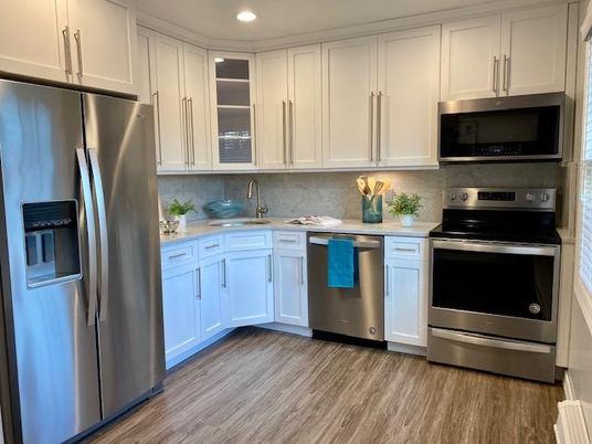Interior, Kitchen, Recessed Lighting, Stainless Steel Appliances, Wood Texture Flooring