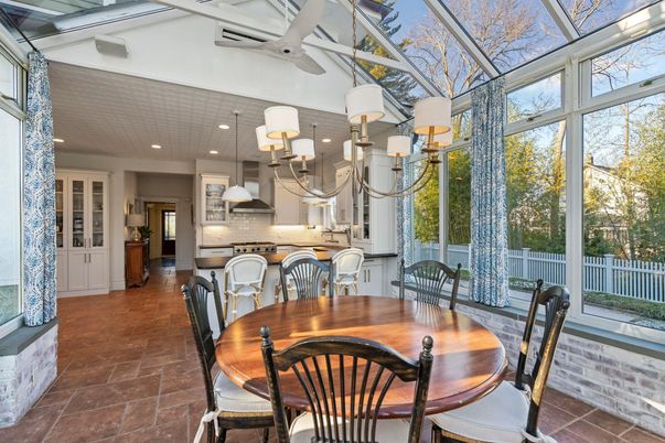 Chandelier, Dining room, Glass Ceilings, Interior, Kitchen, Recessed Lighting, Stainless Steel Appliances, Sun Room