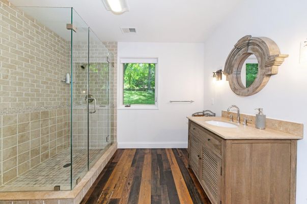 Bathroom, Glass Shower, Interior, Wood Texture Flooring