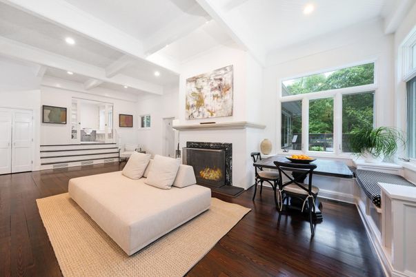 Dining room, Fireplace, Interior, Living room, Recessed Lighting, Wood Texture Flooring