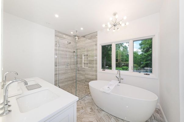 Bathroom, Dual Sink Vanities, Free Standing Baths, Glass Shower, Interior, Marble, Pendant Lights, Recessed Lighting
