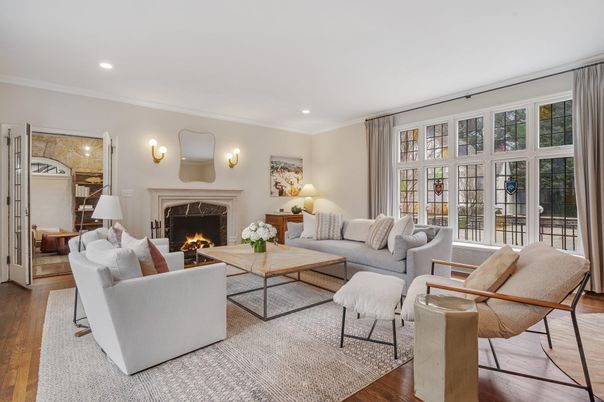Fireplace, Interior, Living room, Recessed Lighting, Wood Texture Flooring