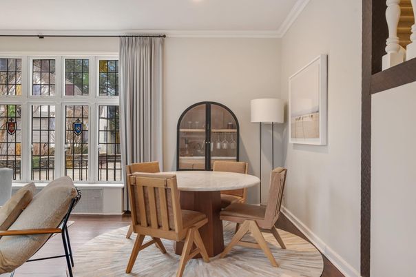 Dining room, Interior, Recessed Lighting, Wood Texture Flooring