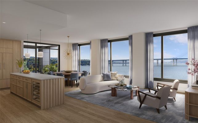 Dining room, Interior, Living room, Pendant Lights, Recessed Lighting, Water, Wood Texture Flooring