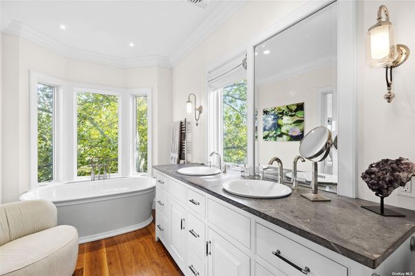 Bathroom, Dual Sink Vanities, Interior, Recessed Lighting, Wood Texture Flooring