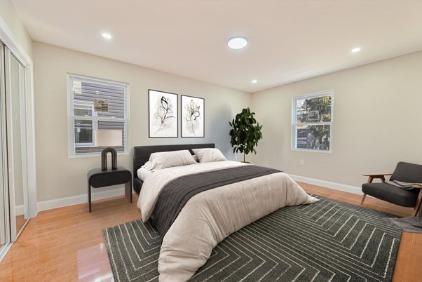 Bedroom, Interior, Recessed Lighting, Wood Texture Flooring