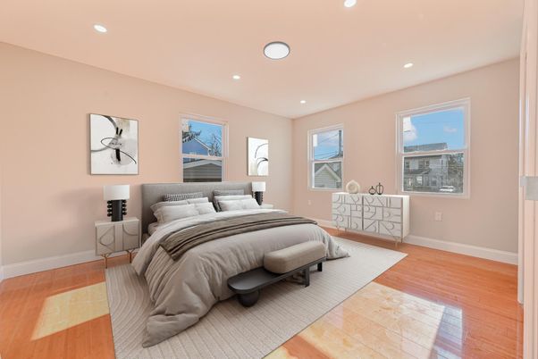 Bedroom, Interior, Recessed Lighting, Wood Texture Flooring