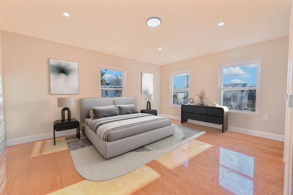 Bedroom, Interior, Recessed Lighting, Wood Texture Flooring