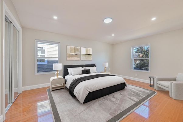 Bedroom, Interior, Recessed Lighting, Wood Texture Flooring
