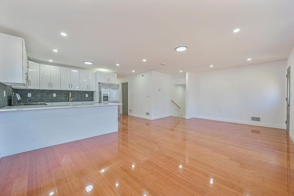 Empty room, Interior, Kitchen, Recessed Lighting, Wood Texture Flooring