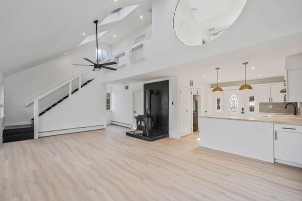 Interior, Kitchen, Pendant Lights, Recessed Lighting, Wood Texture Flooring