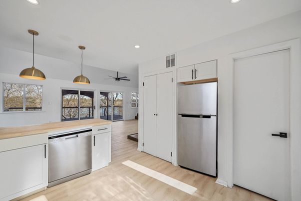 Interior, Kitchen, Pendant Lights, Recessed Lighting, Stainless Steel Appliances, Wood Texture Flooring