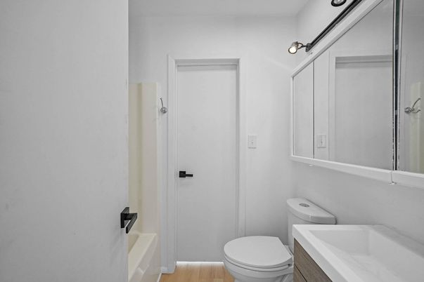Bathroom, Glass Shower, Interior, Wood Texture Flooring