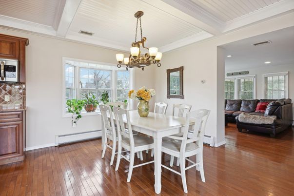 Chandelier, Dining room, Interior, Recessed Lighting, Wood Texture Flooring