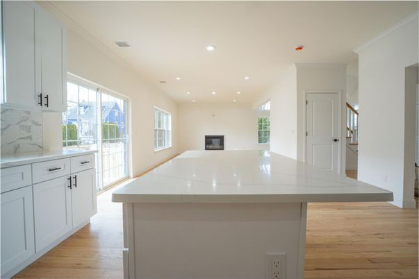 Fireplace, Interior, Kitchen, Recessed Lighting, Wood Texture Flooring