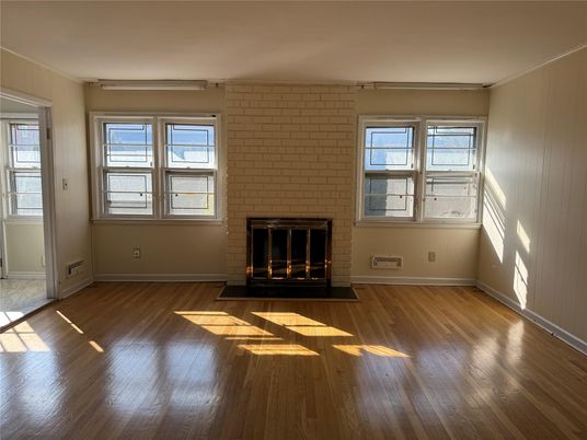 Empty room, Fireplace, Interior, Stone Walls, Wood Texture Flooring