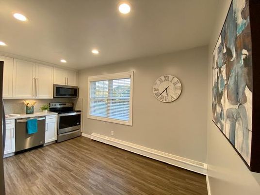 Interior, Kitchen, Recessed Lighting, Stainless Steel Appliances, Wood Texture Flooring