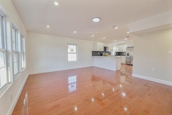 Empty room, Interior, Kitchen, Recessed Lighting, Wood Texture Flooring
