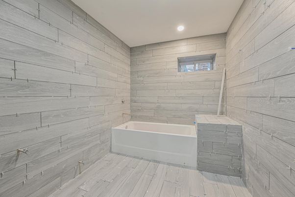 Bathroom, Interior, Recessed Lighting, Wood Texture Flooring, Wooden Walls