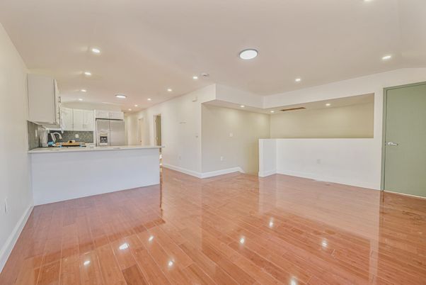 Empty room, Interior, Kitchen, Recessed Lighting, Wood Texture Flooring