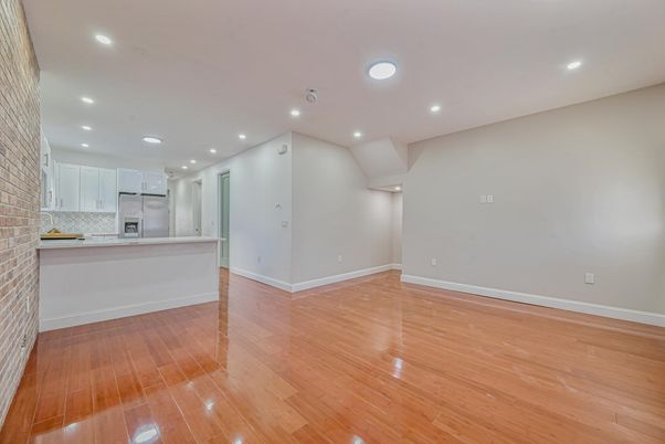 Empty room, Interior, Kitchen, Recessed Lighting, Wood Texture Flooring