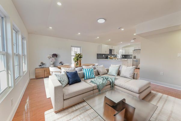 Dining room, Interior, Kitchen, Living room, Recessed Lighting, Stainless Steel Appliances, Wood Texture Flooring