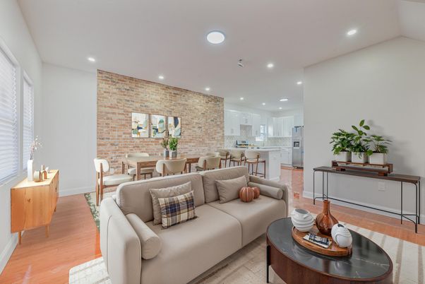 Dining room, Interior, Kitchen, Living room, Recessed Lighting, Stone Walls, Wood Texture Flooring
