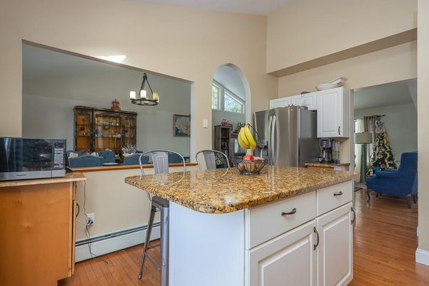 Chandelier, Interior, Kitchen, Stainless Steel Appliances, Wood Texture Flooring