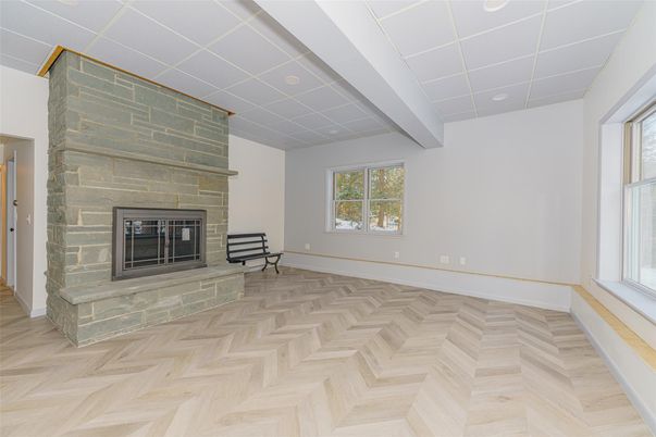 Empty room, Fireplace, Interior, Recessed Lighting, Wood Texture Flooring