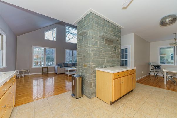 Dining room, Interior, Living room, Stone Walls, Wood Texture Flooring