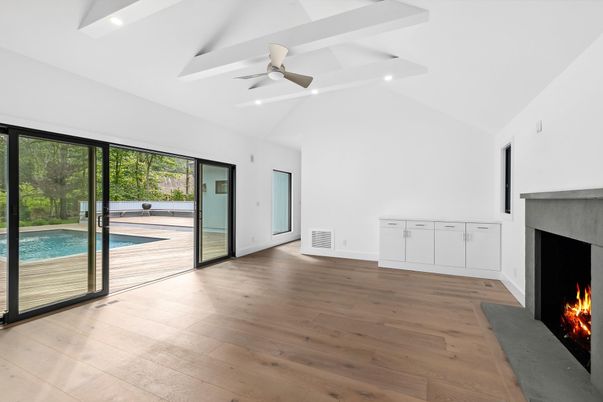 Empty room, Fireplace, Interior, Recessed Lighting, Wood Texture Flooring