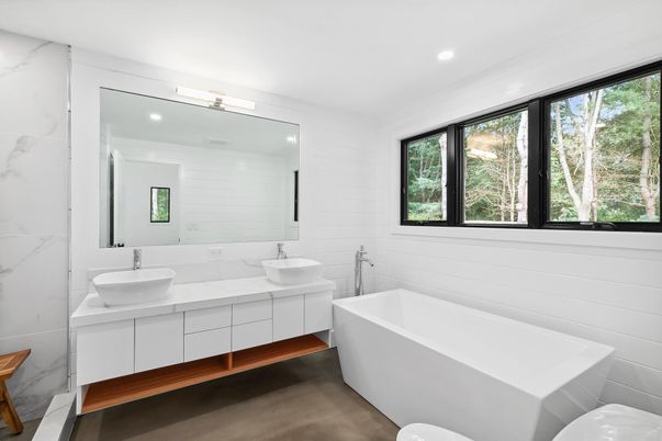 Bathroom, Dual Sink Vanities, Free Standing Baths, Interior, Marble Walls, Recessed Lighting