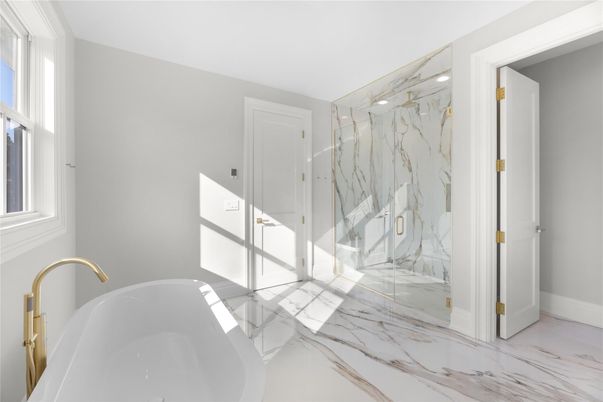 Bathroom, Free Standing Baths, Glass Shower, Interior, Marble, Marble Walls, Recessed Lighting