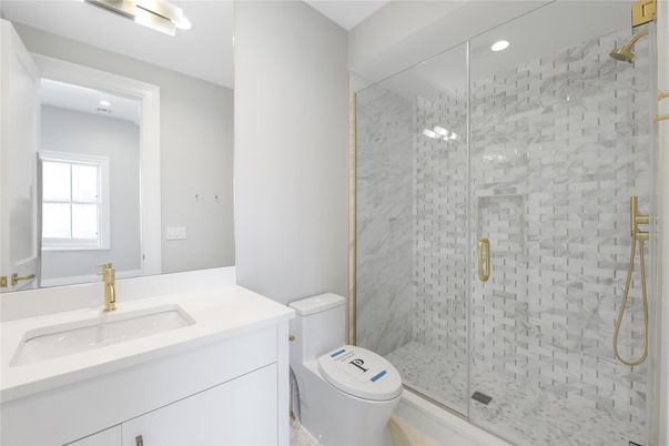 Bathroom, Glass Shower, Interior, Marble Walls, Recessed Lighting