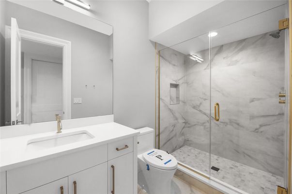 Bathroom, Glass Shower, Interior, Marble Walls, Recessed Lighting