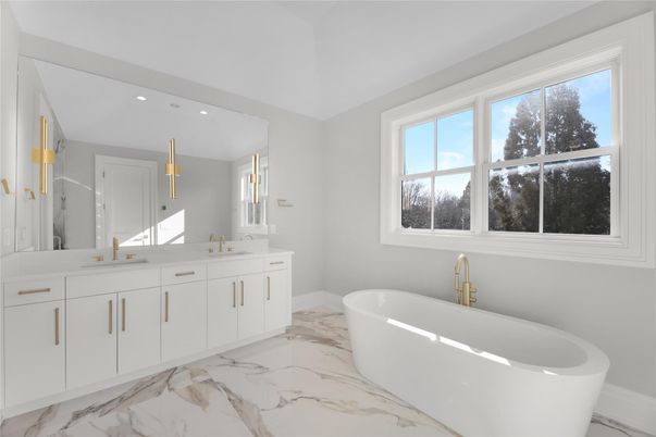 Bathroom, Dual Sink Vanities, Free Standing Baths, Interior, Marble, Recessed Lighting
