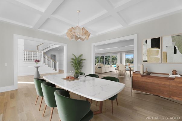 Chandelier, Dining room, Interior, Pendant Lights, Recessed Lighting, Wood Texture Flooring
