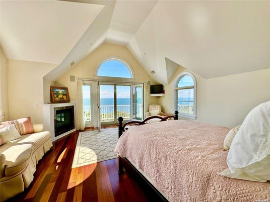 Bedroom, Fireplace, Interior, Water, Wood Texture Flooring