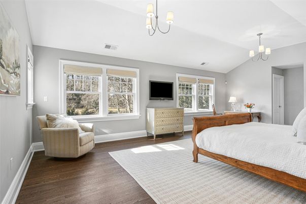 Bedroom, Chandelier, Interior, Pendant Lights, Wood Texture Flooring
