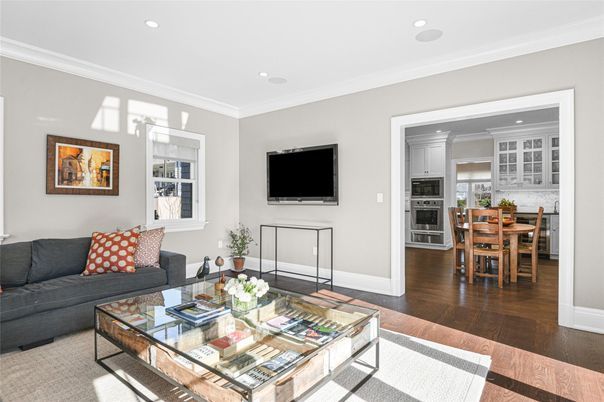 Dining room, Interior, Kitchen, Living room, Recessed Lighting, Stainless Steel Appliances, Wood Texture Flooring